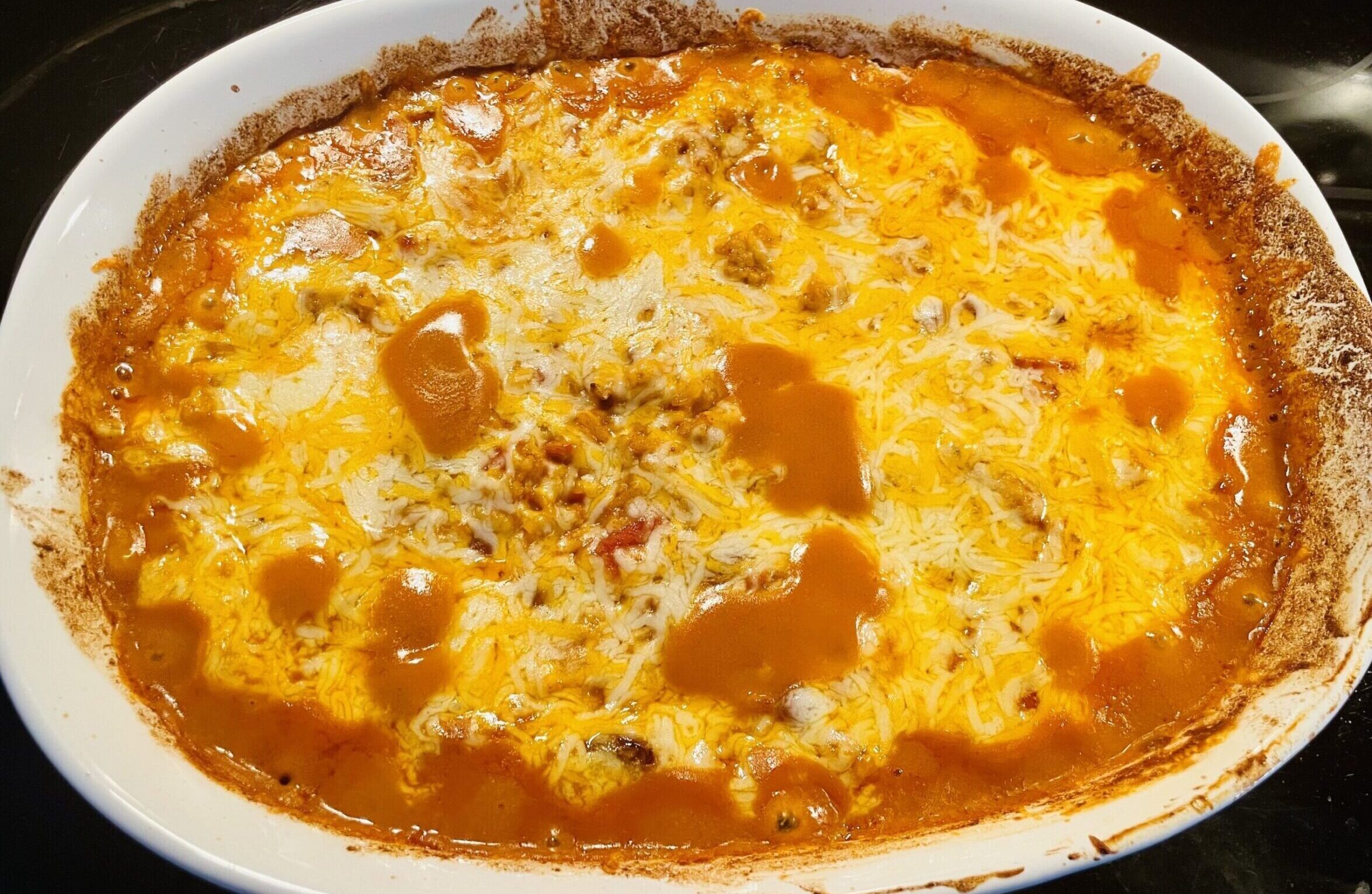 chicken chili casserole right out of the oven