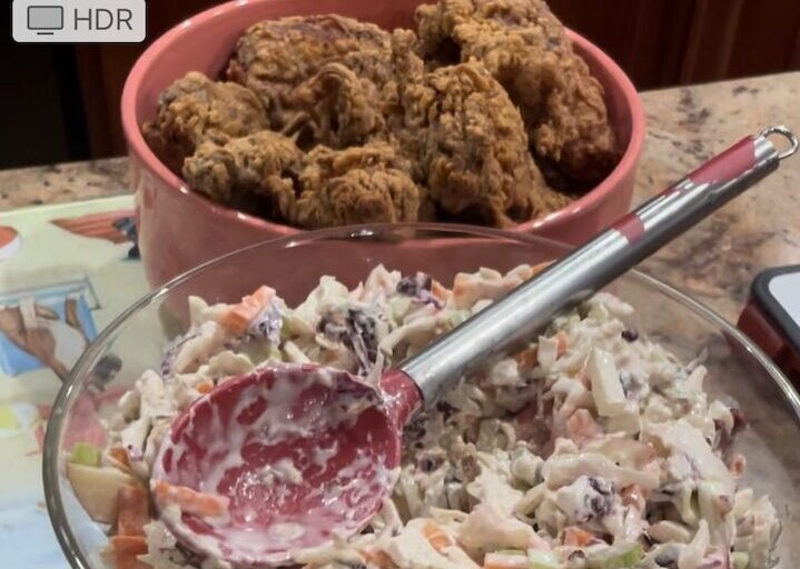 Picture of chicken and coleslaw on a counter to help a person understand hunger